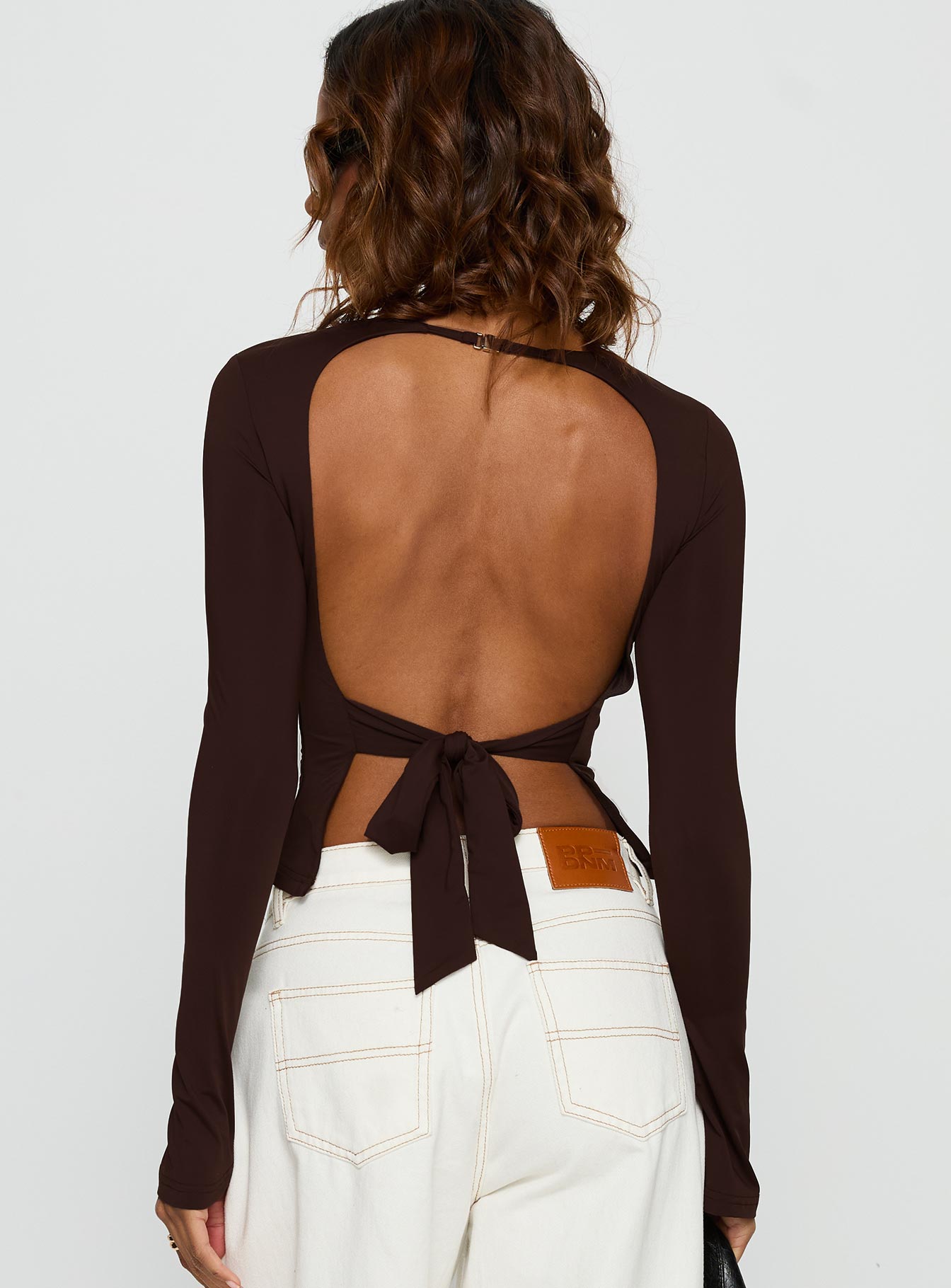 Harpur | Long Sleeve Backless Top in Chocolate with Adjustable Tie | Flared Sleeves for Comfort and Style