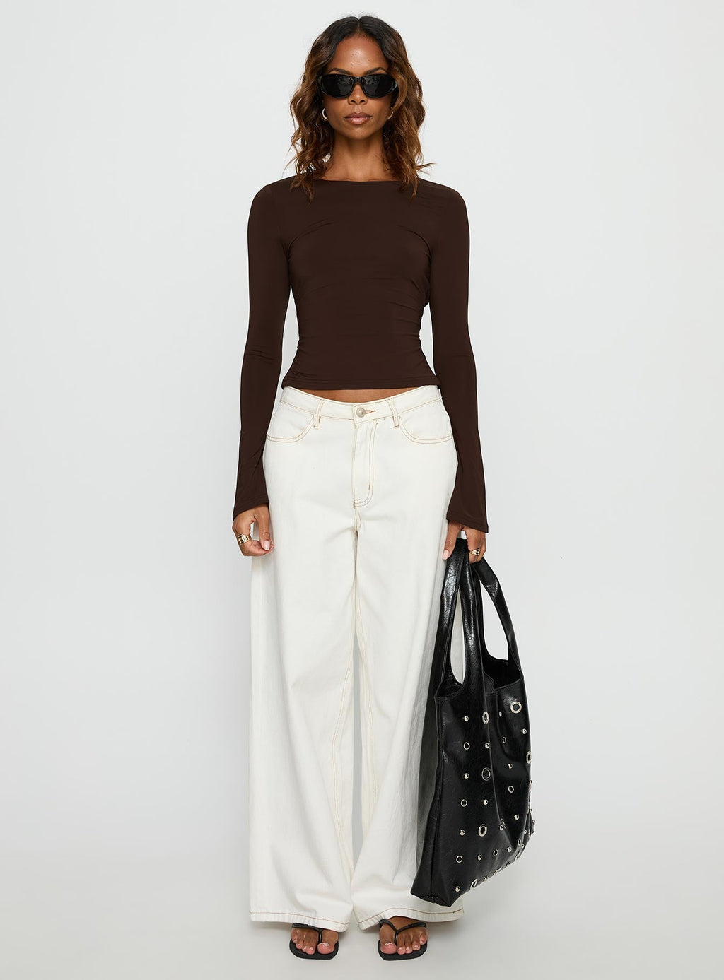 Harpur | Long Sleeve Backless Top in Chocolate with Adjustable Tie | Flared Sleeves for Comfort and Style