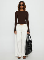 Harpur | Long Sleeve Backless Top in Chocolate with Adjustable Tie | Flared Sleeves for Comfort and Style