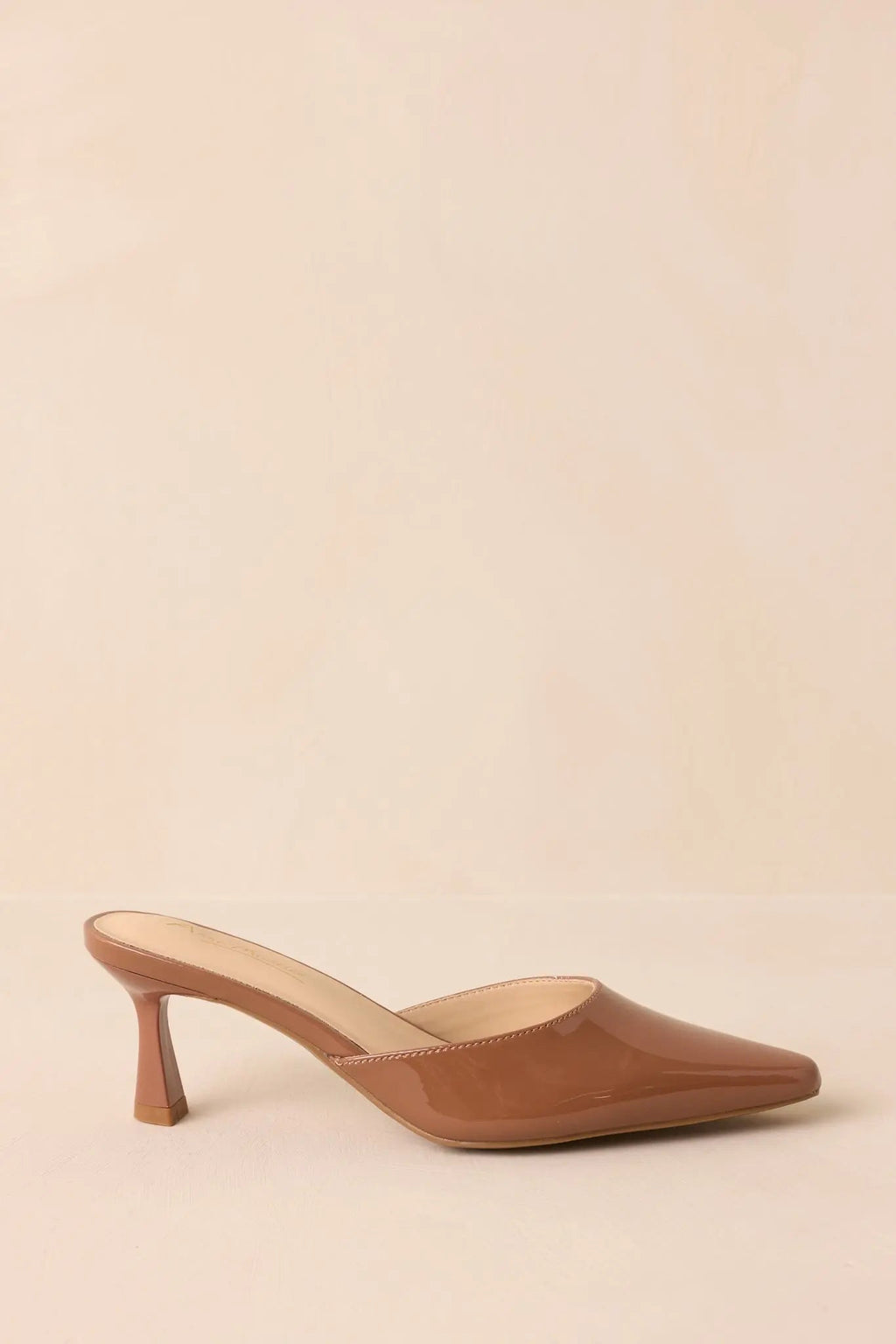 Women's Here We Are Mocha Patent Faux Leather High Heel Mules | Heel measures 2.5" 2