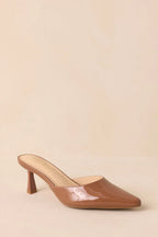 Women's Here We Are Mocha Patent Faux Leather High Heel Mules | Heel measures 2.5" 3