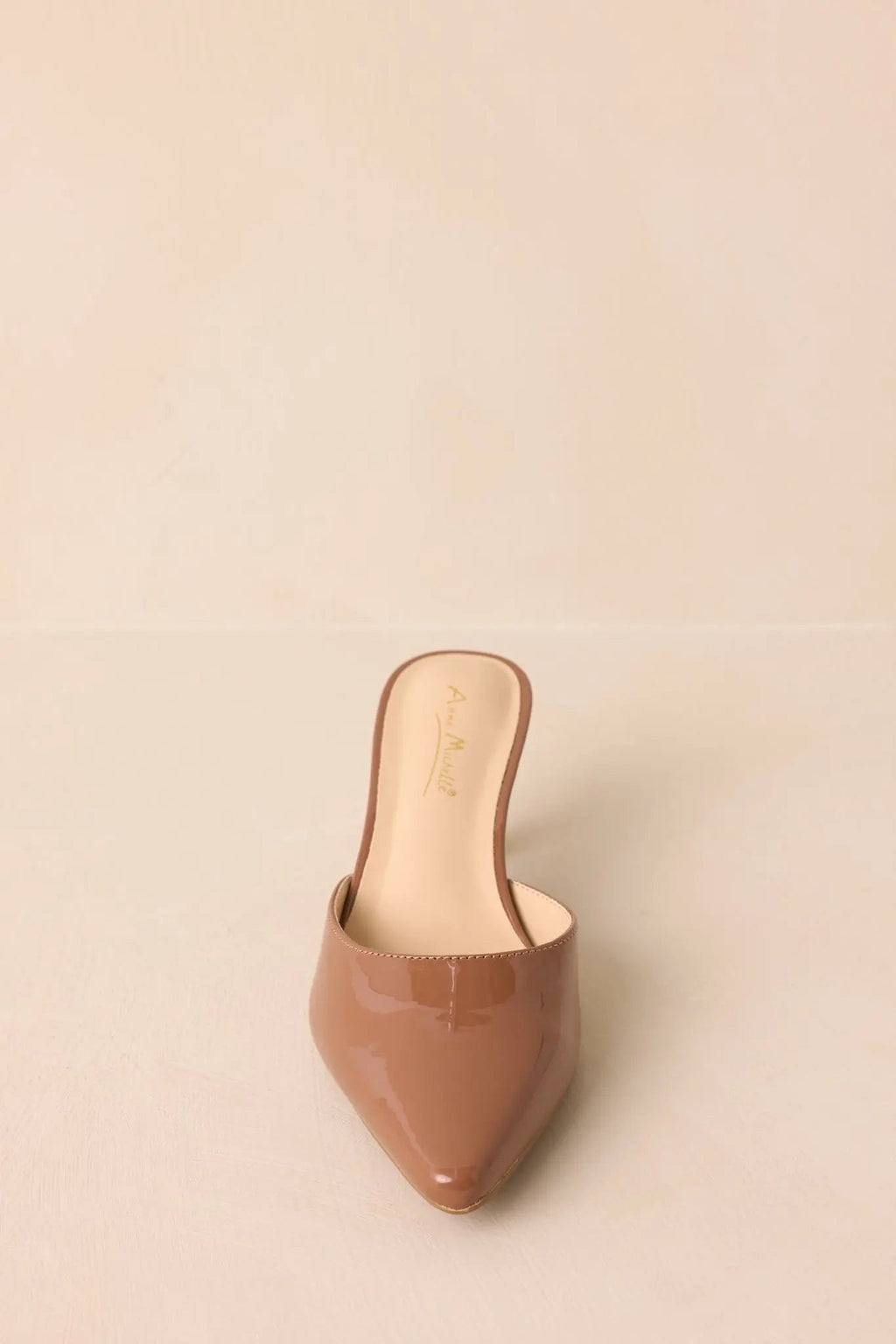 Women's Here We Are Mocha Patent Faux Leather High Heel Mules | Heel measures 2.5" 4