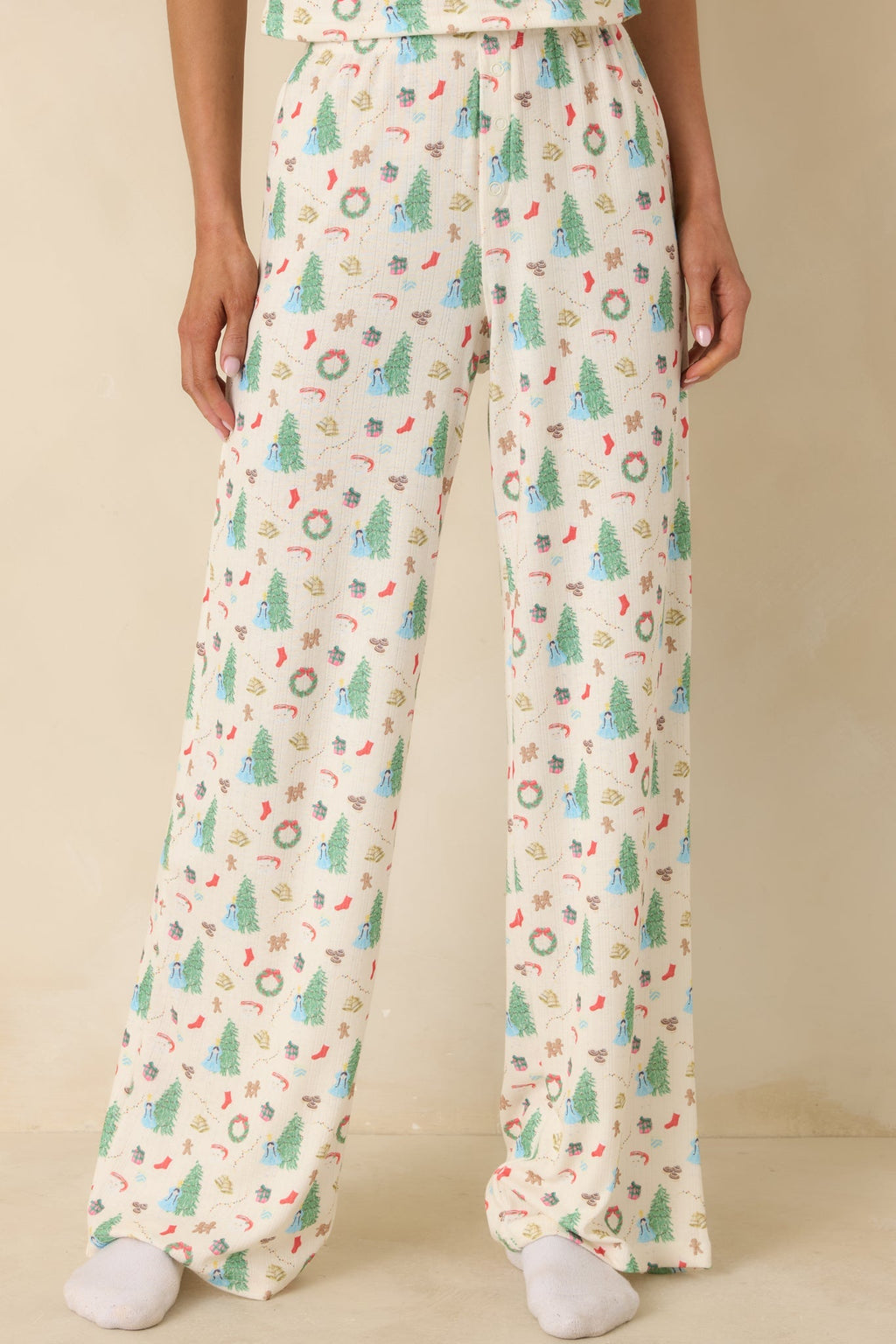 Women's Holiday Morning Ivory Multi Christmas Print Pajama Pants | 94% Polyester & 6% Spandex 0