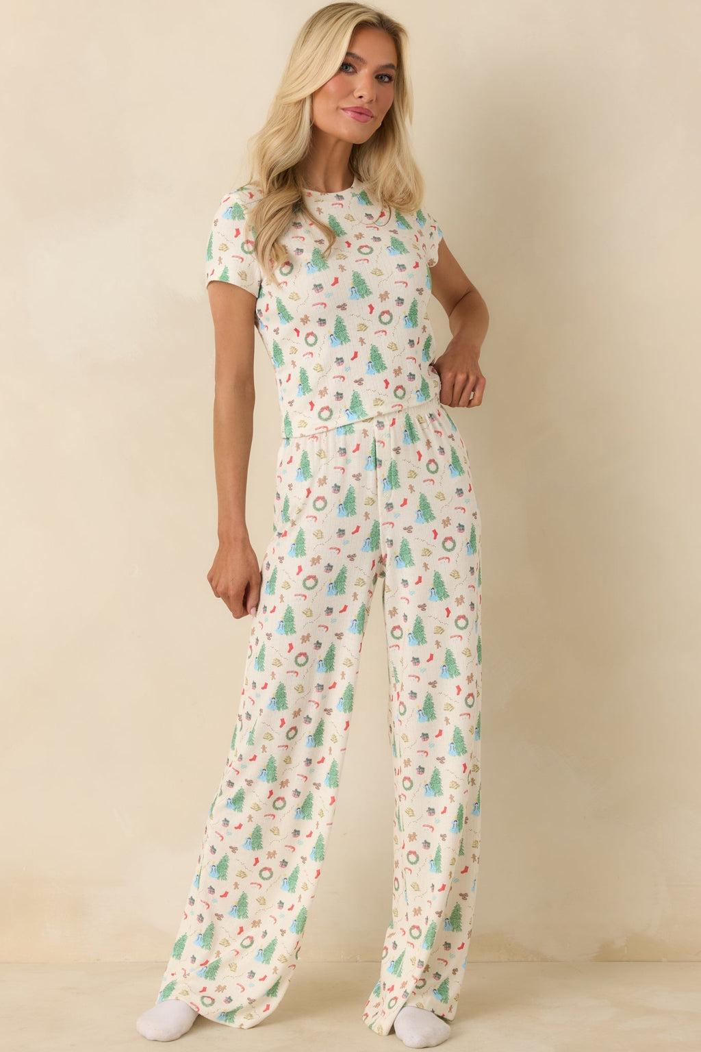 Women's Holiday Morning Ivory Multi Christmas Print Pajama Pants | 94% Polyester & 6% Spandex 4