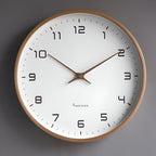 Nordic wall clock with wood frame, front view