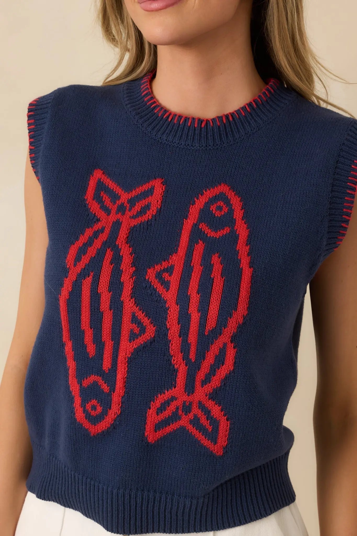 Women's Hooked On You Navy Knit Contrast Stitch Sweater Vest | 60% Cotton & 40% Acrylic 2