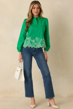 Women's I See You Spring Green Cotton Floral Embroidered Puff Sleeve Top | 100% Cotton 0