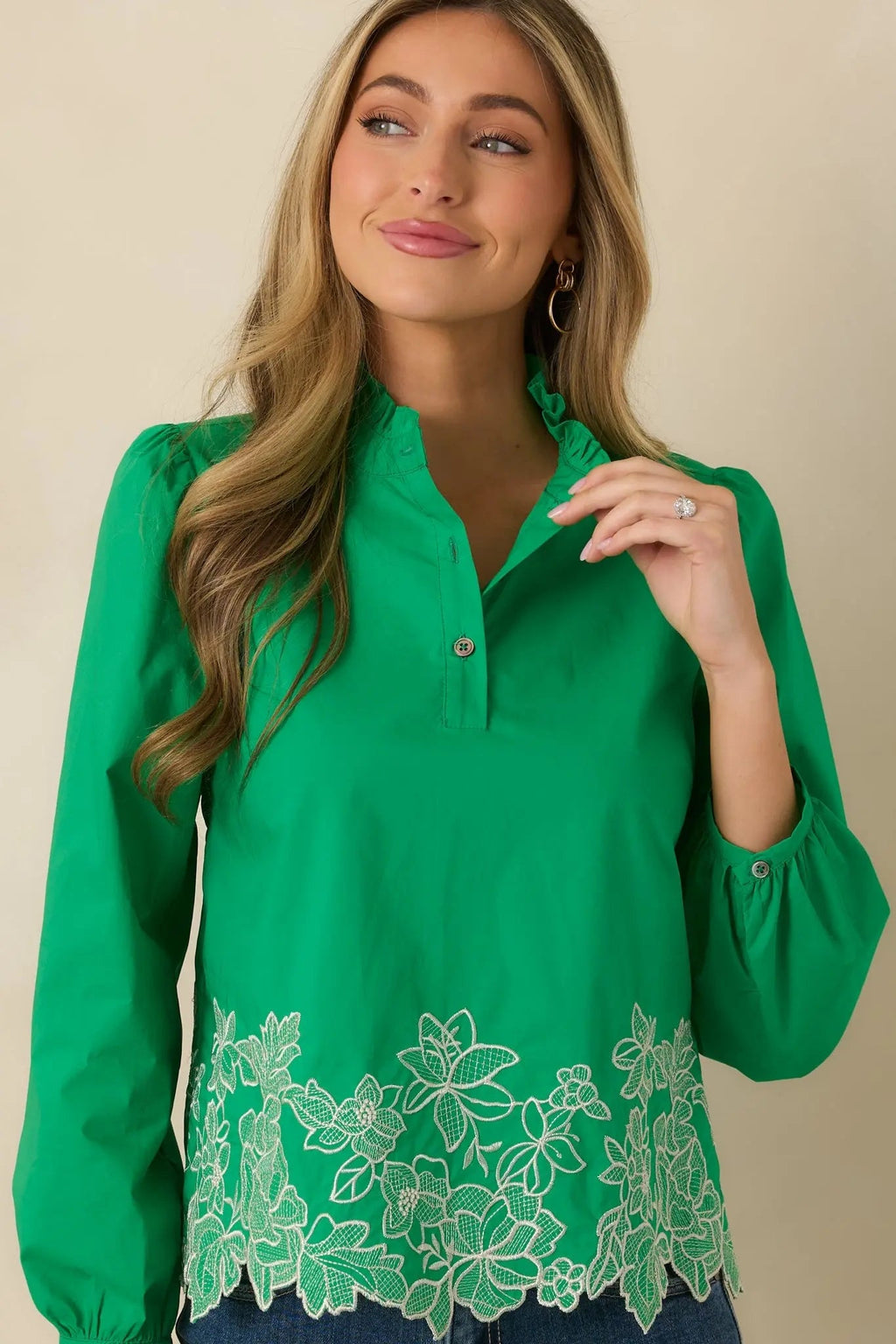 Women's I See You Spring Green Cotton Floral Embroidered Puff Sleeve Top | 100% Cotton 1