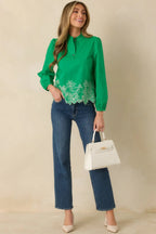 Women's I See You Spring Green Cotton Floral Embroidered Puff Sleeve Top | 100% Cotton 3