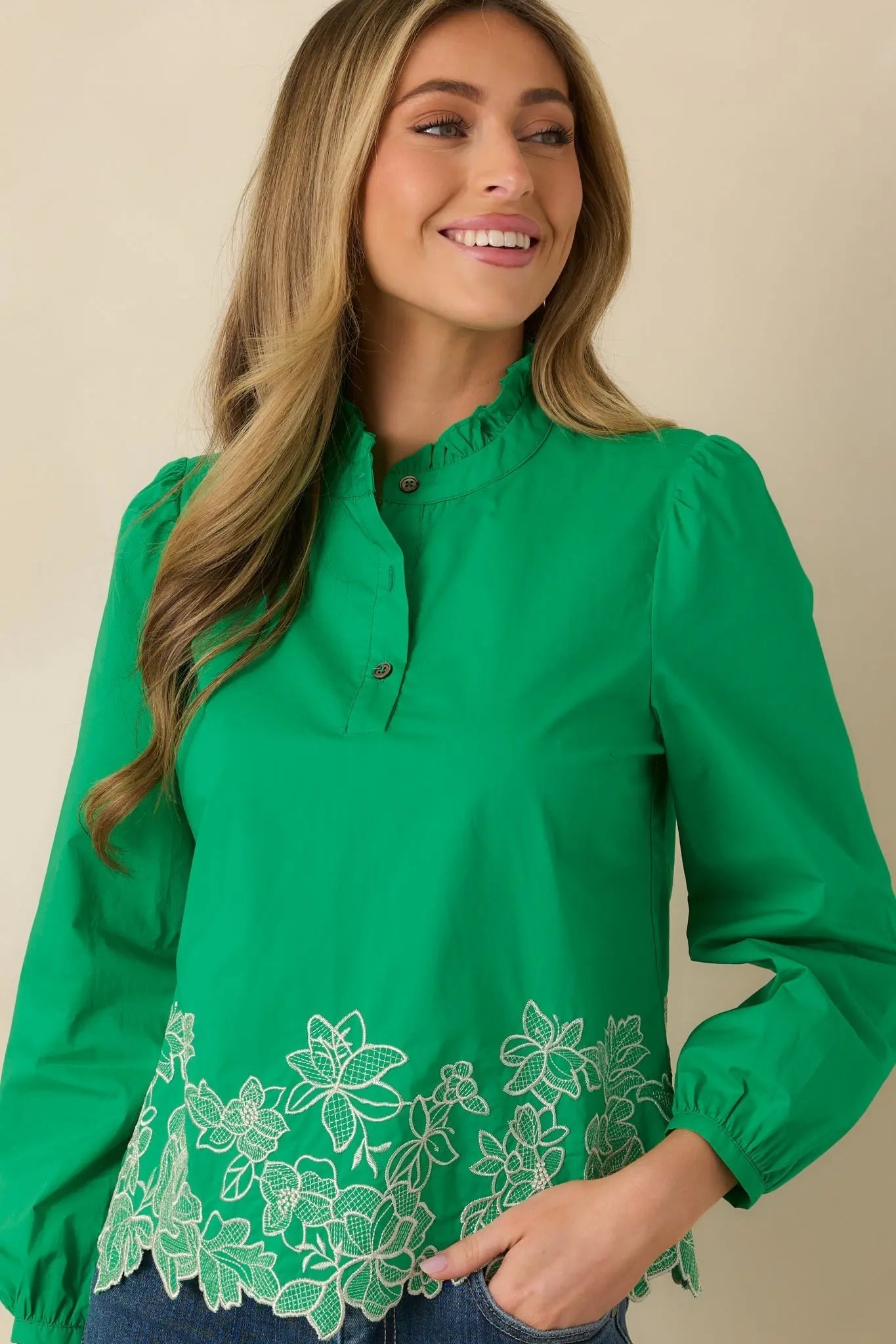Women's I See You Spring Green Cotton Floral Embroidered Puff Sleeve Top | 100% Cotton 5