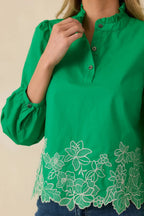 Women's I See You Spring Green Cotton Floral Embroidered Puff Sleeve Top | 100% Cotton 6