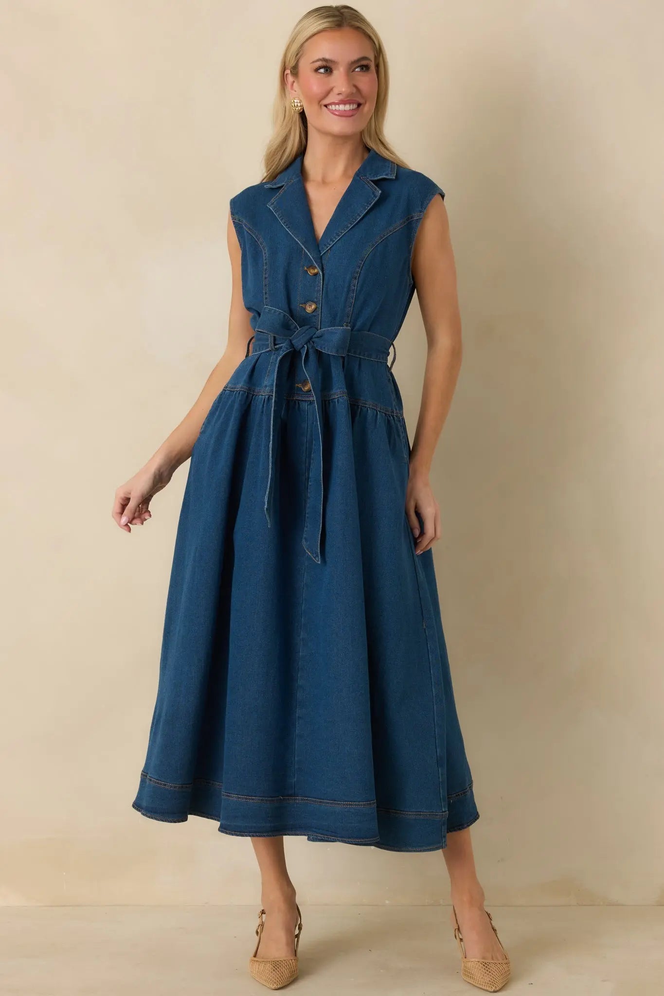 Women's I'm All In Dark Wash Denim Tie-Belt Midi Dress | 50% Cotton 3