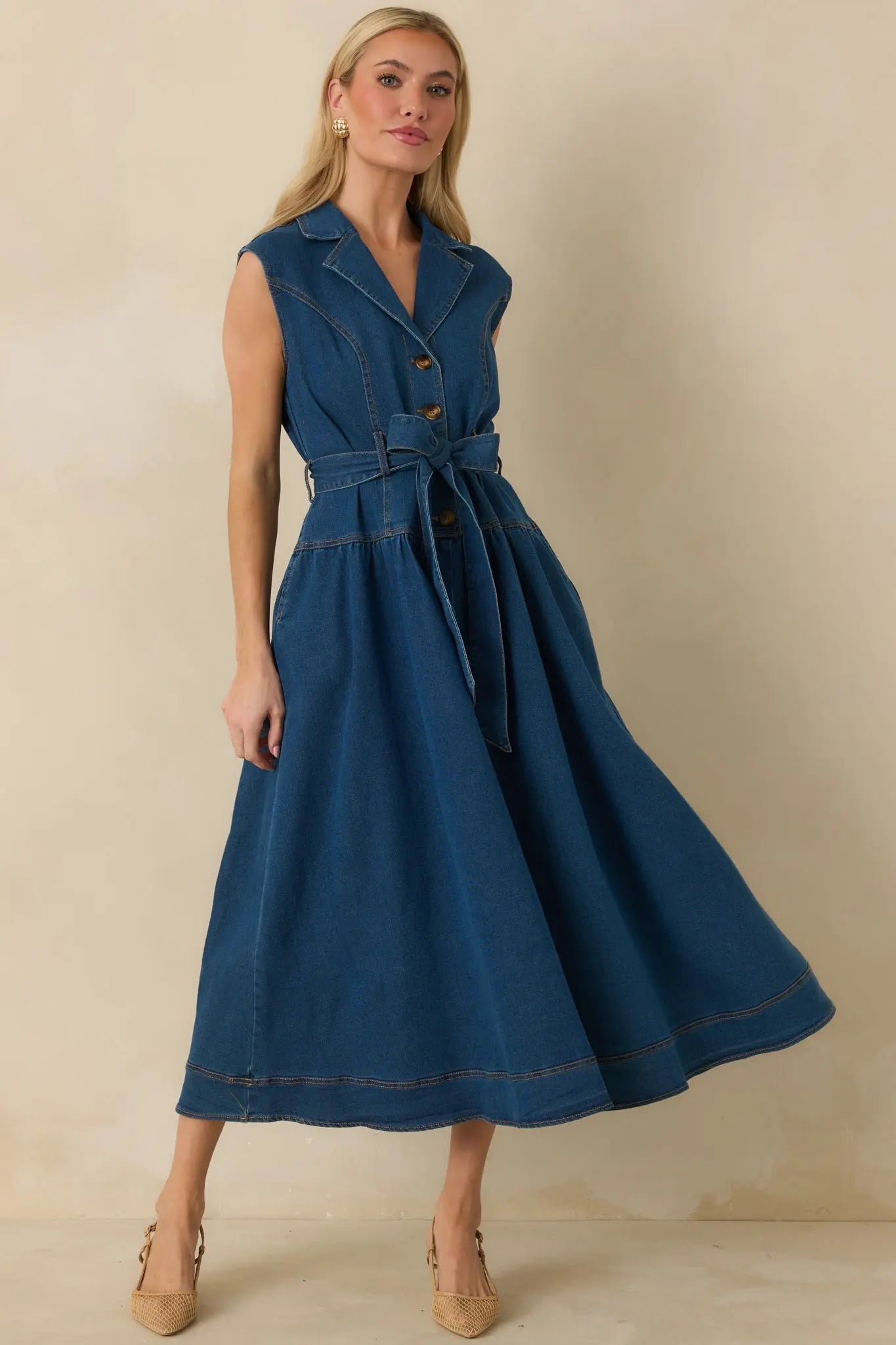 Women's I'm All In Dark Wash Denim Tie-Belt Midi Dress | 50% Cotton 4