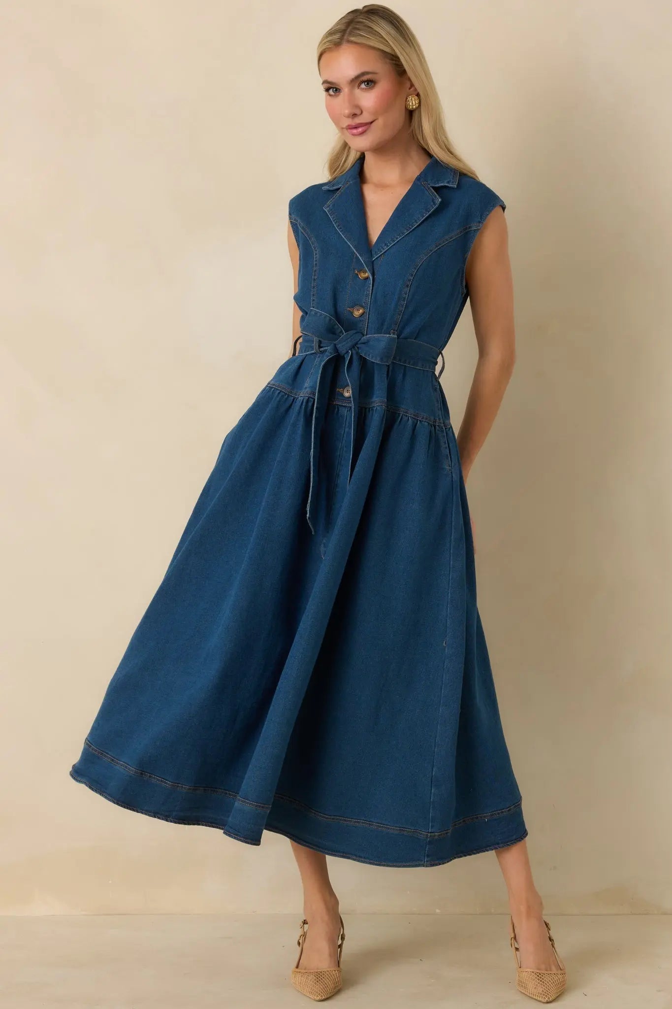 Women's I'm All In Dark Wash Denim Tie-Belt Midi Dress | 50% Cotton 5