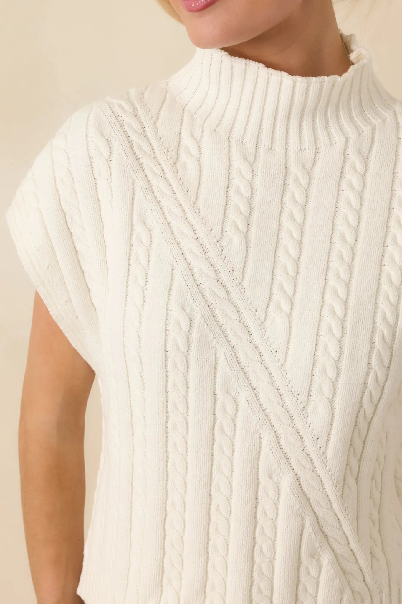 Women's I'm Sure of It Ivory Cable Knit Sleeveless Mock Neck Sweater | 60% Cotton & 40% Acrylic 3