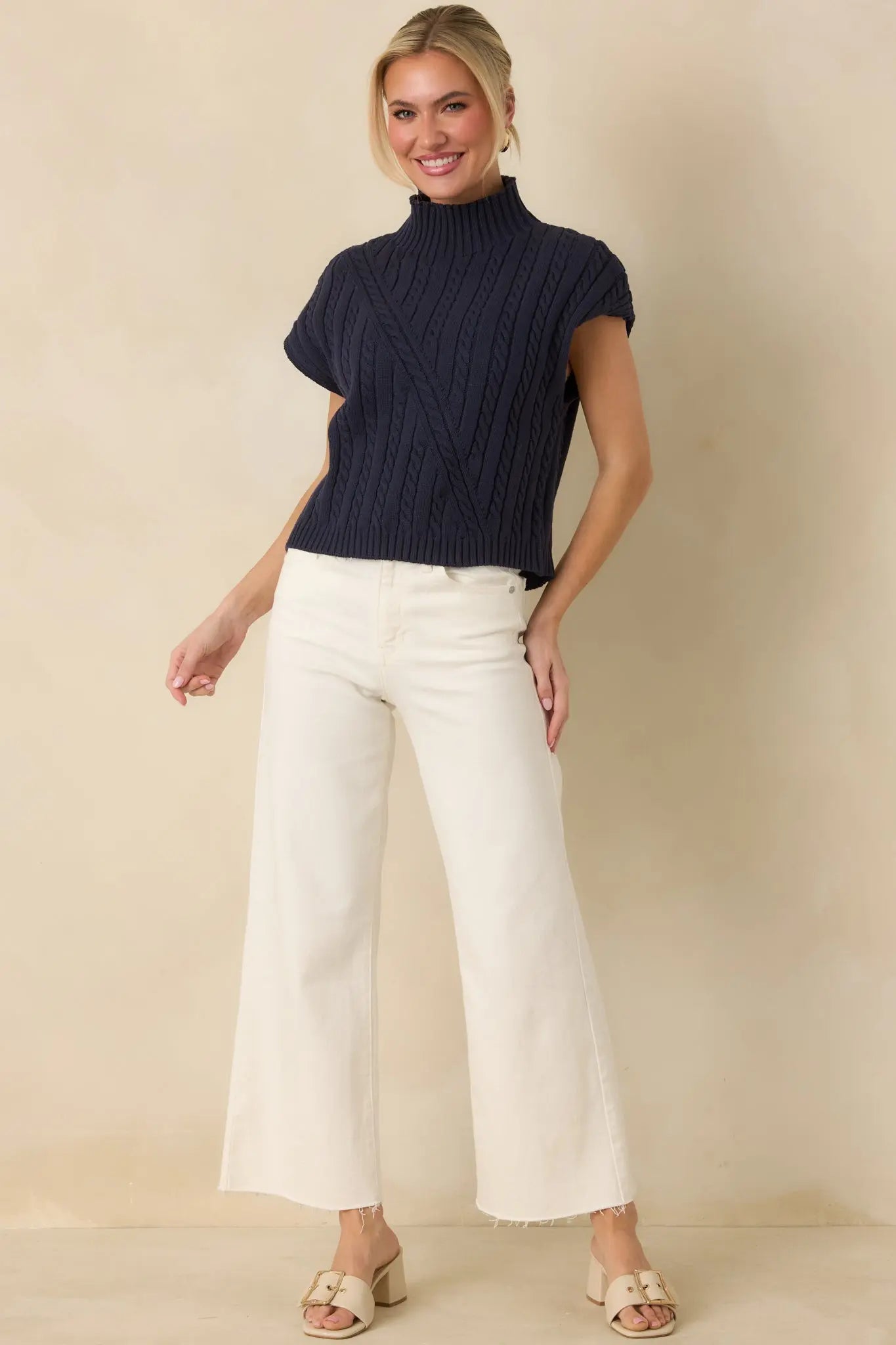 Women's I'm Sure of It Navy Cable Knit Sleeveless Mock Neck Sweater | 60% Cotton & 40% Acrylic 1