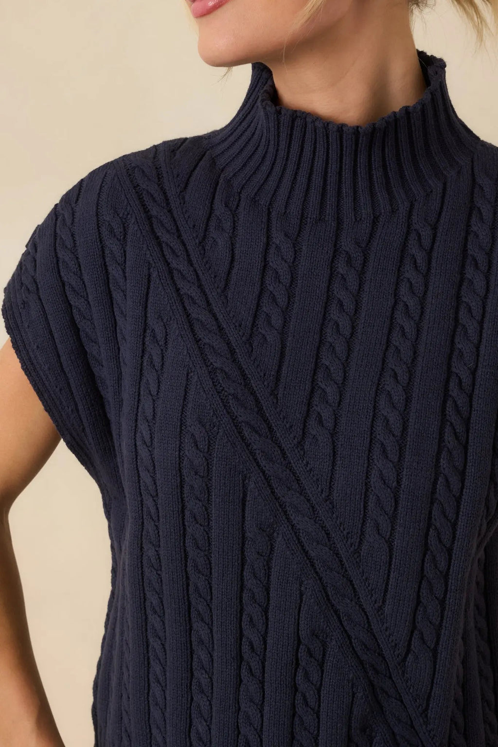Women's I'm Sure of It Navy Cable Knit Sleeveless Mock Neck Sweater | 60% Cotton & 40% Acrylic 2
