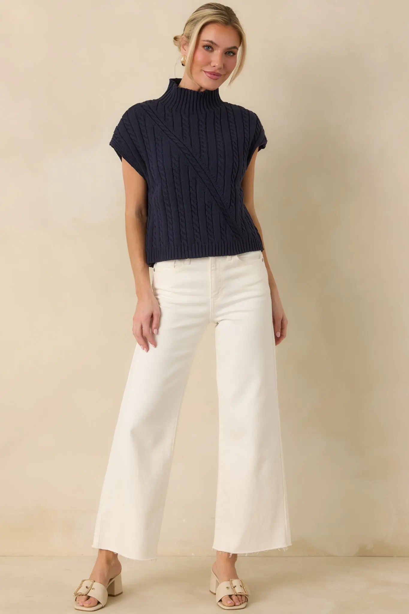 Women's I'm Sure of It Navy Cable Knit Sleeveless Mock Neck Sweater | 60% Cotton & 40% Acrylic 6