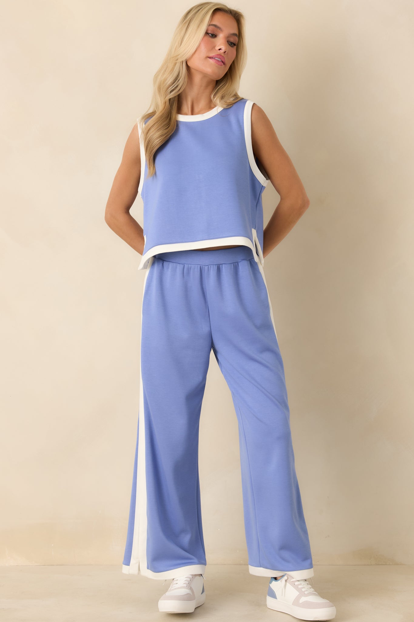 Women's In Good Form Periwinkle Stretch Knit Contrast Trim Pants | 55% Rayon 1