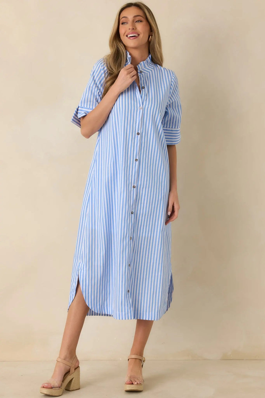 Women's In Perfect Order Blue Stripe Button Front Ruffle Collar Midi Shirt Dress | 100% Polyester 0