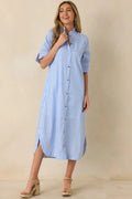 Women's In Perfect Order Blue Stripe Button Front Ruffle Collar Midi Shirt Dress | 100% Polyester 0