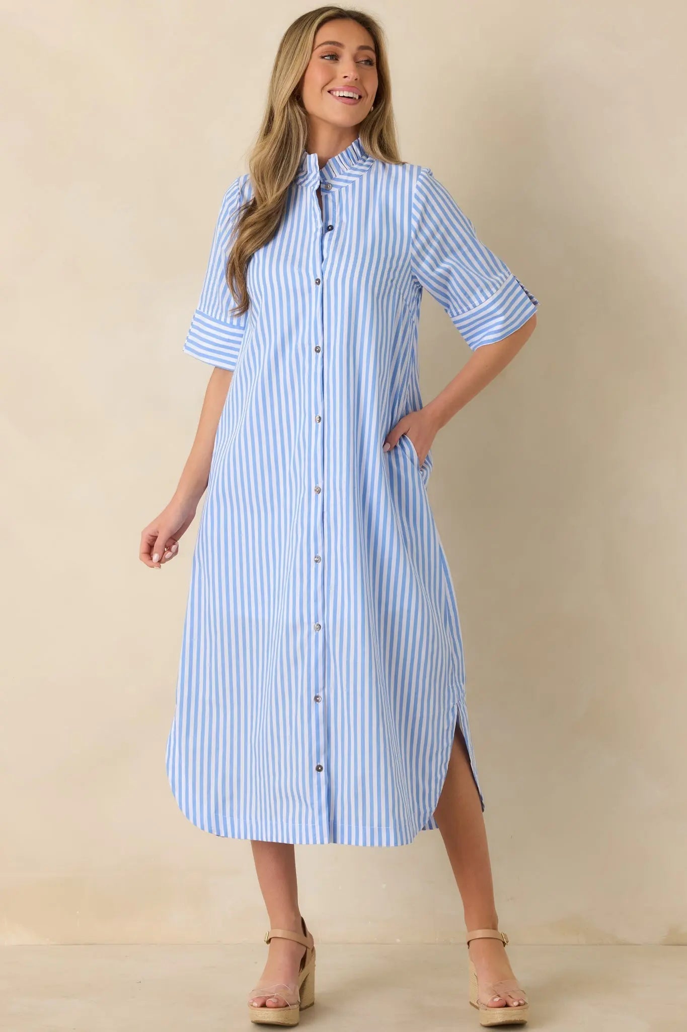 Women's In Perfect Order Blue Stripe Button Front Ruffle Collar Midi Shirt Dress | 100% Polyester 1