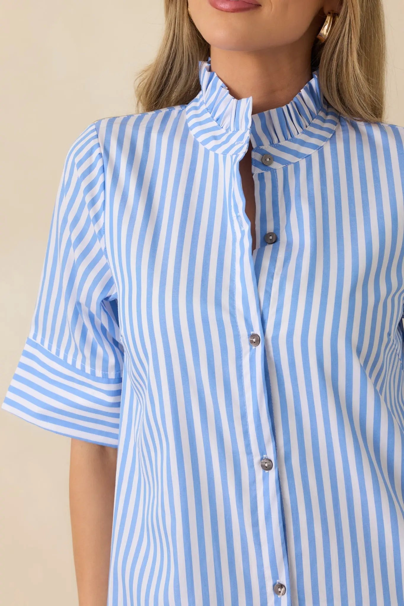 Women's In Perfect Order Blue Stripe Button Front Ruffle Collar Midi Shirt Dress | 100% Polyester 2