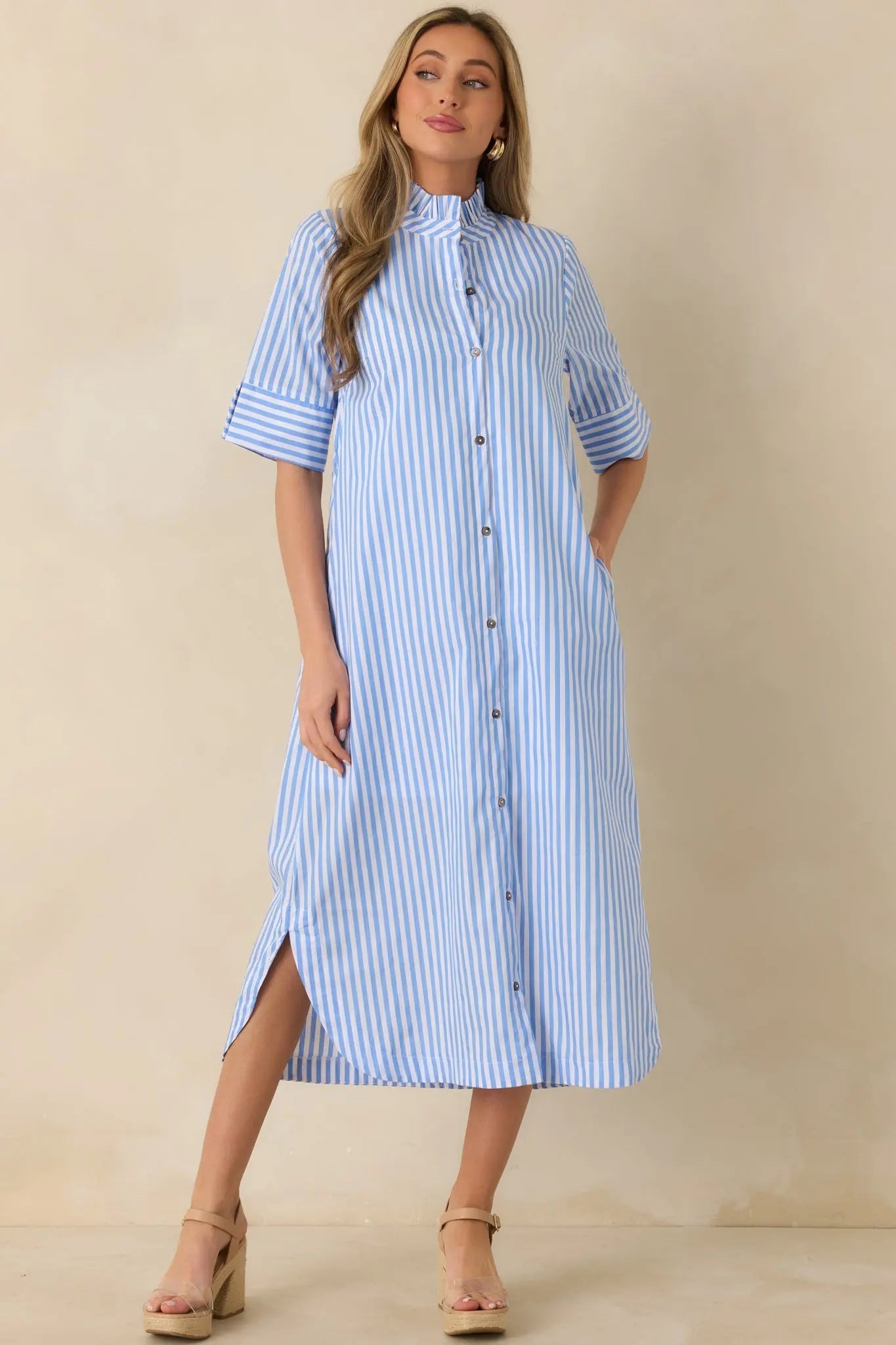 Women's In Perfect Order Blue Stripe Button Front Ruffle Collar Midi Shirt Dress | 100% Polyester 3