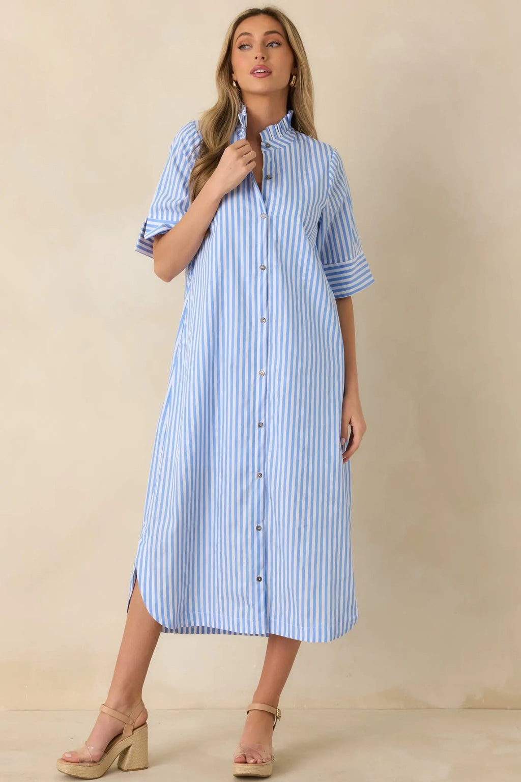 Women's In Perfect Order Blue Stripe Button Front Ruffle Collar Midi Shirt Dress | 100% Polyester 4