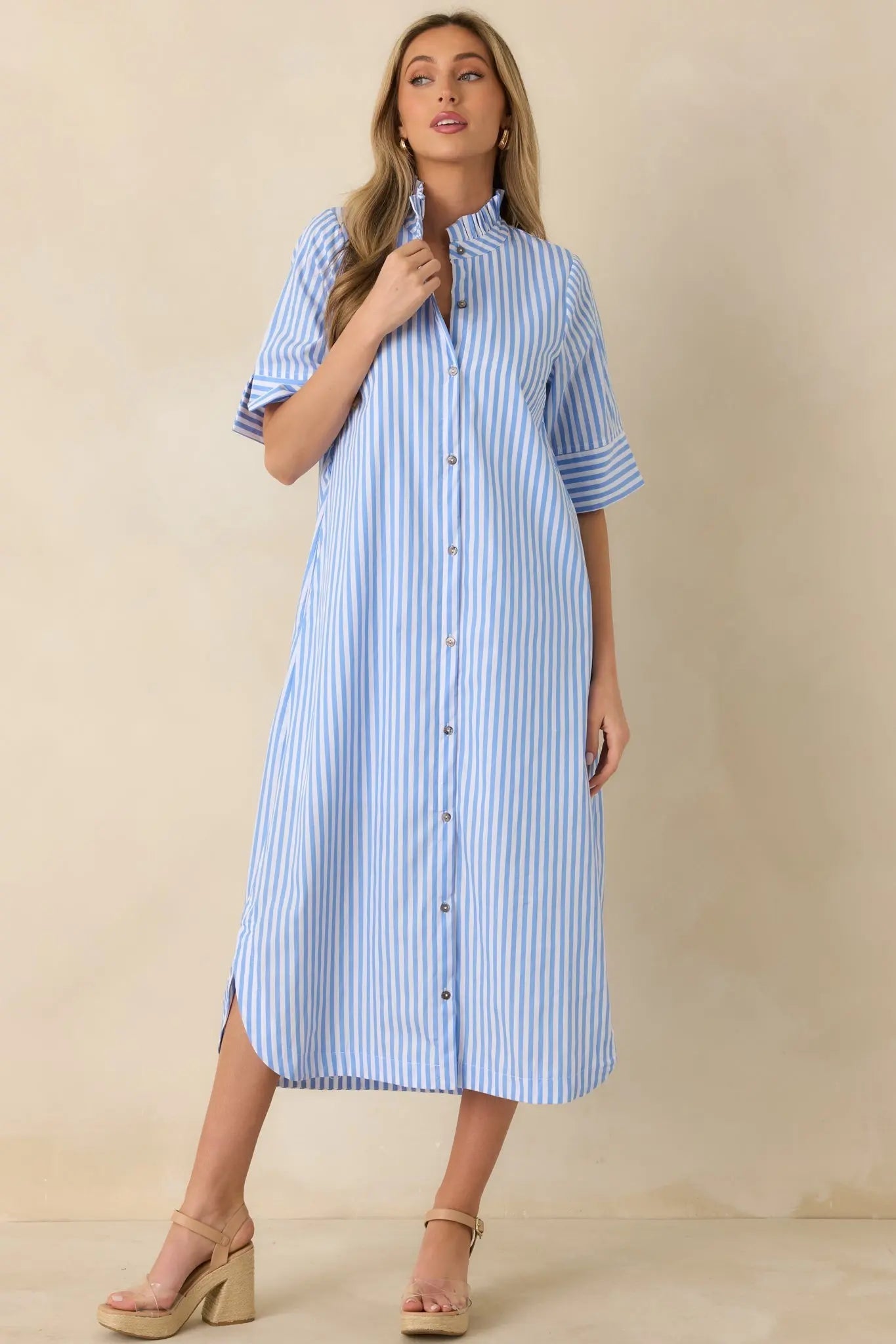Women's In Perfect Order Blue Stripe Button Front Ruffle Collar Midi Shirt Dress | 100% Polyester 4