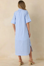Women's In Perfect Order Blue Stripe Button Front Ruffle Collar Midi Shirt Dress | 100% Polyester 5