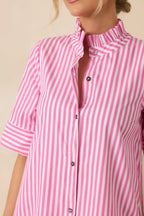 Women's In Perfect Order Pink Stripe Button Front Ruffle Collar Midi Shirt Dress | 100% Polyester 1