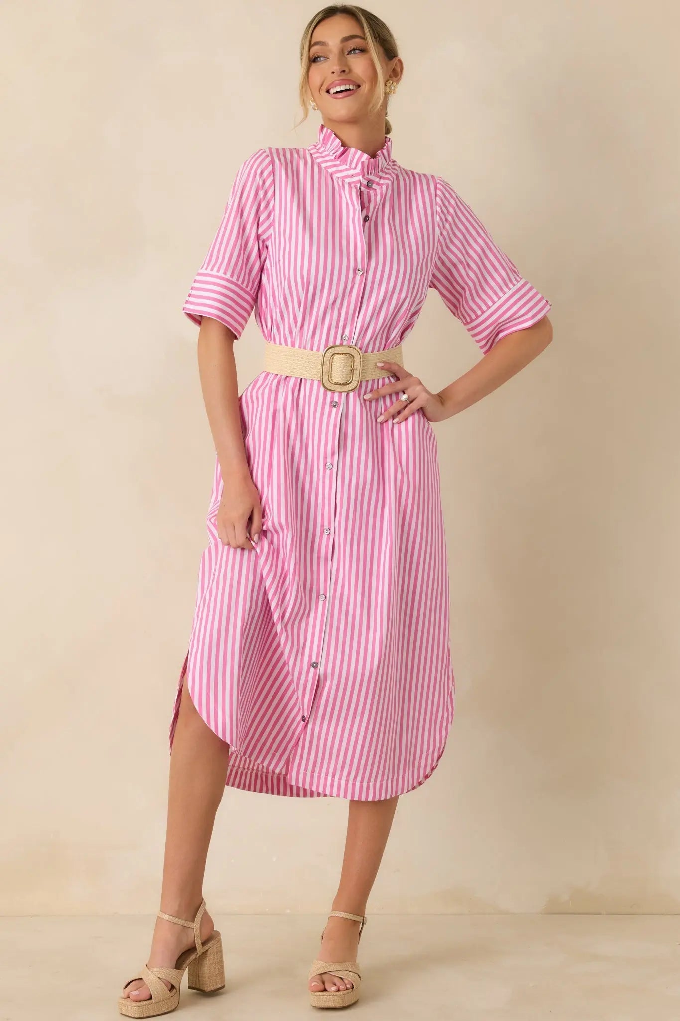 Women's In Perfect Order Pink Stripe Button Front Ruffle Collar Midi Shirt Dress | 100% Polyester 2