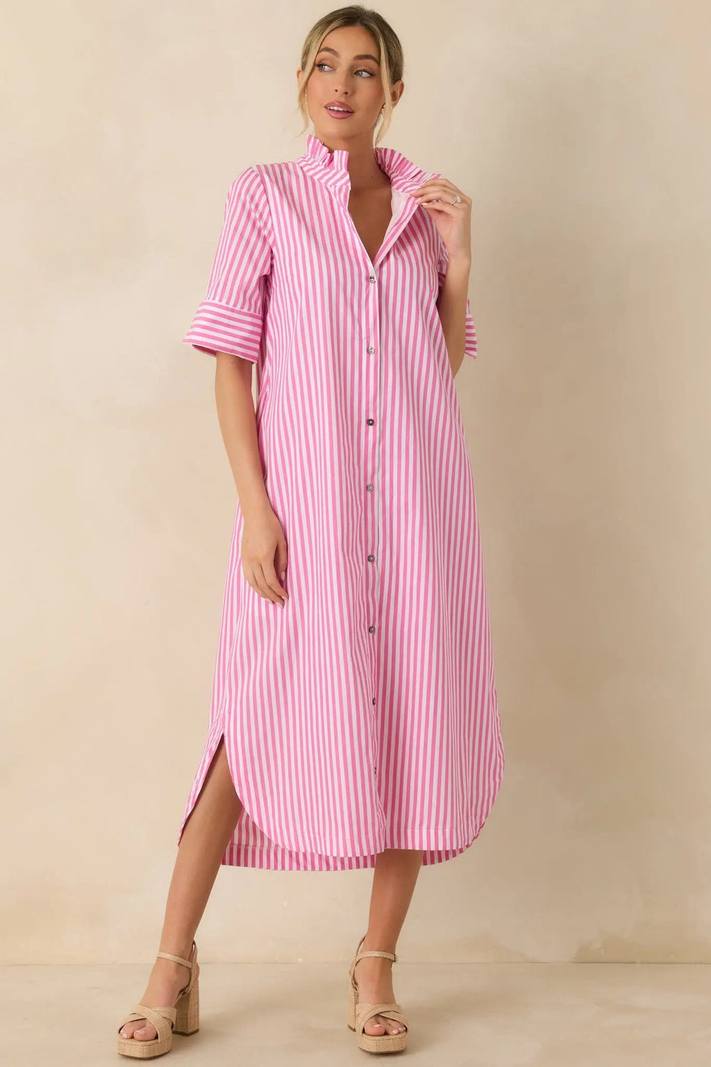 Women's In Perfect Order Pink Stripe Button Front Ruffle Collar Midi Shirt Dress | 100% Polyester 3