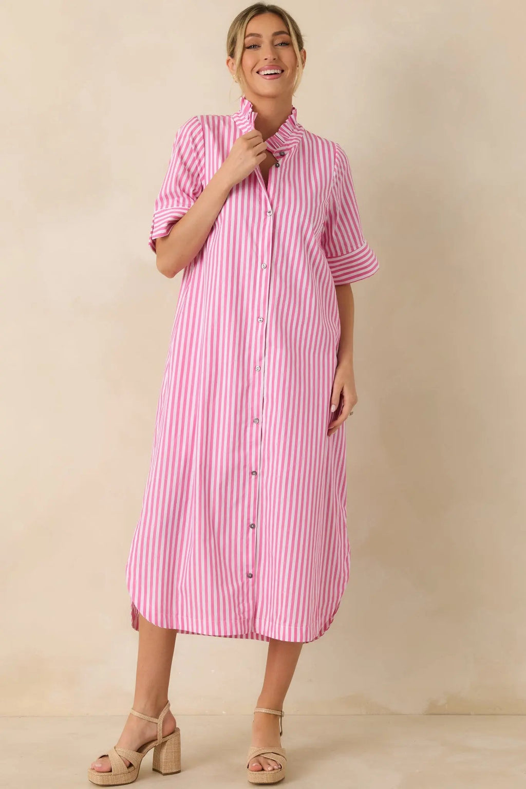 Women's In Perfect Order Pink Stripe Button Front Ruffle Collar Midi Shirt Dress | 100% Polyester 4