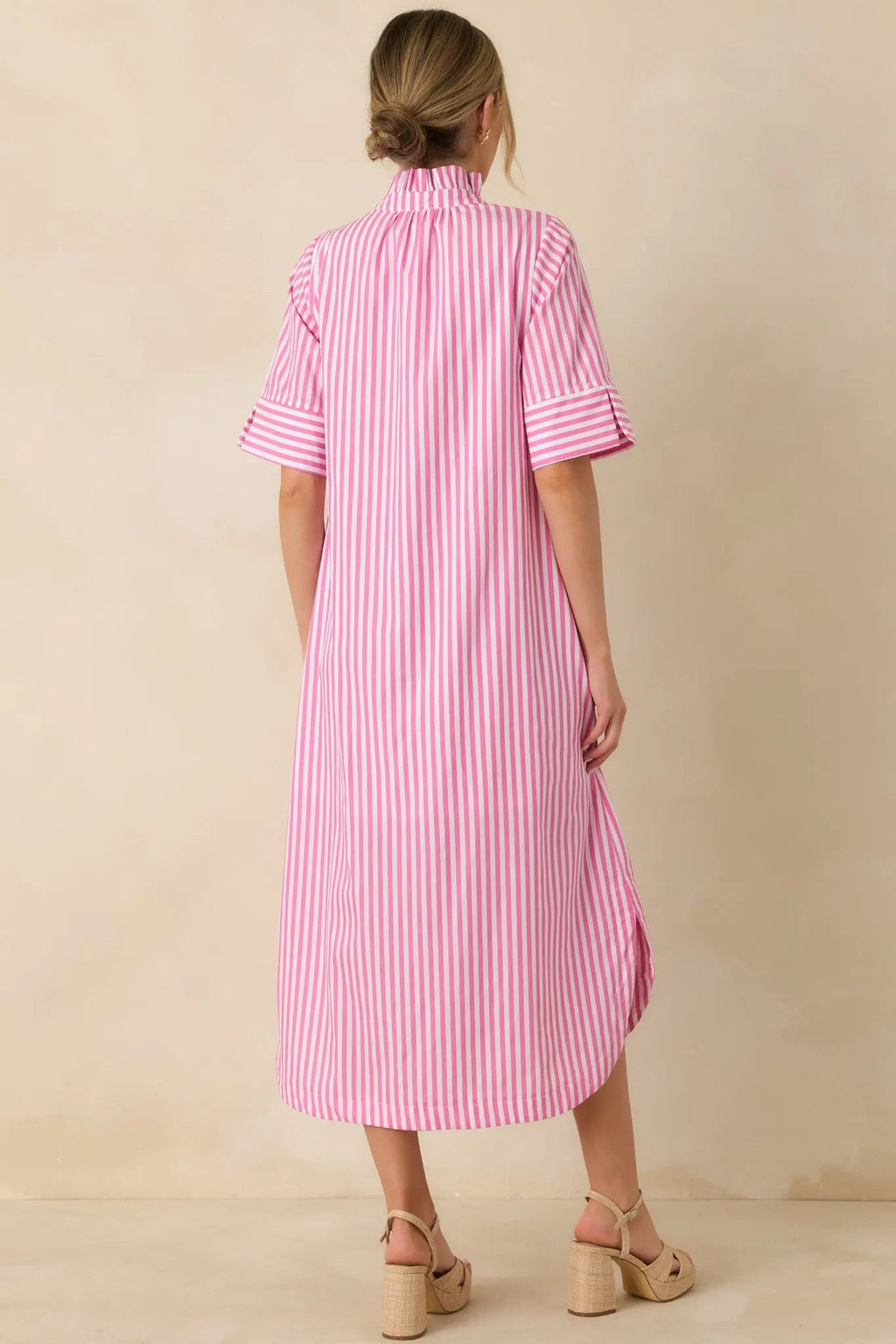 Women's In Perfect Order Pink Stripe Button Front Ruffle Collar Midi Shirt Dress | 100% Polyester 7