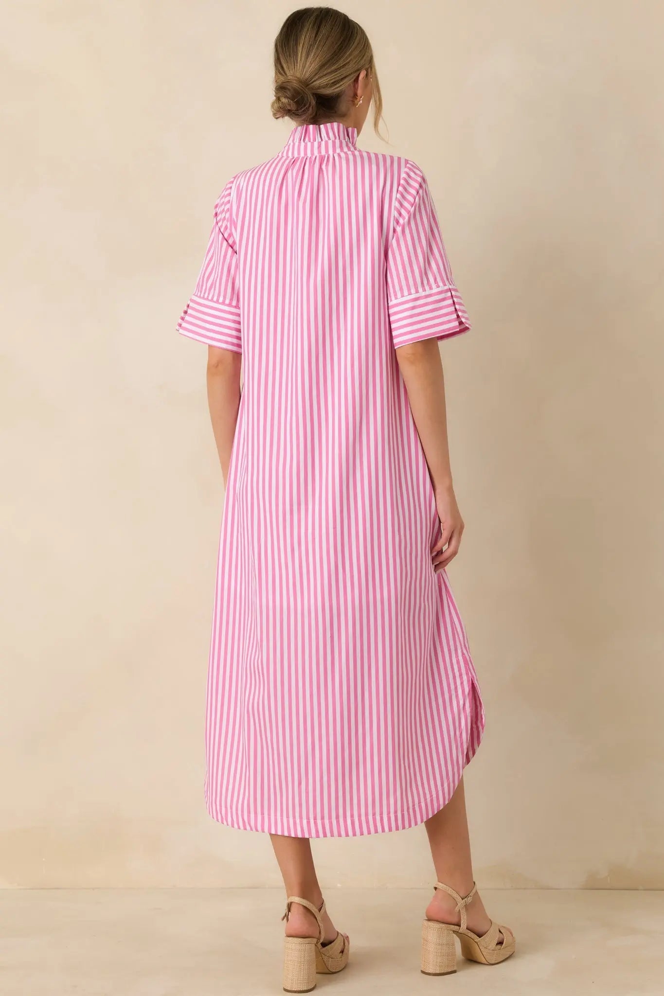 Women's In Perfect Order Pink Stripe Button Front Ruffle Collar Midi Shirt Dress | 100% Polyester 7