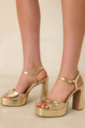 Women's In Total Control Gold Metallic Faux Leather Platform Block Heels | Heel measures 4.5" 0