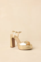 Women's In Total Control Gold Metallic Faux Leather Platform Block Heels | Heel measures 4.5" 3