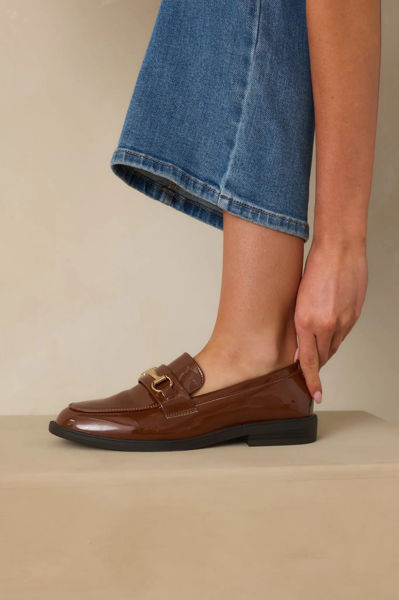 Women's It All Made Sense Brown Patent Faux Leather Loafers | Heel measures 1" 1