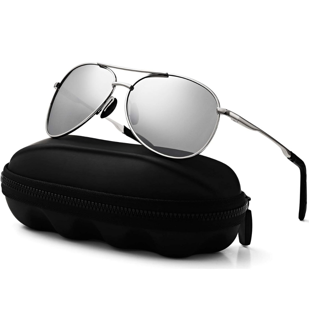 Polarized aviator sunglasses, silver frame with silver lens