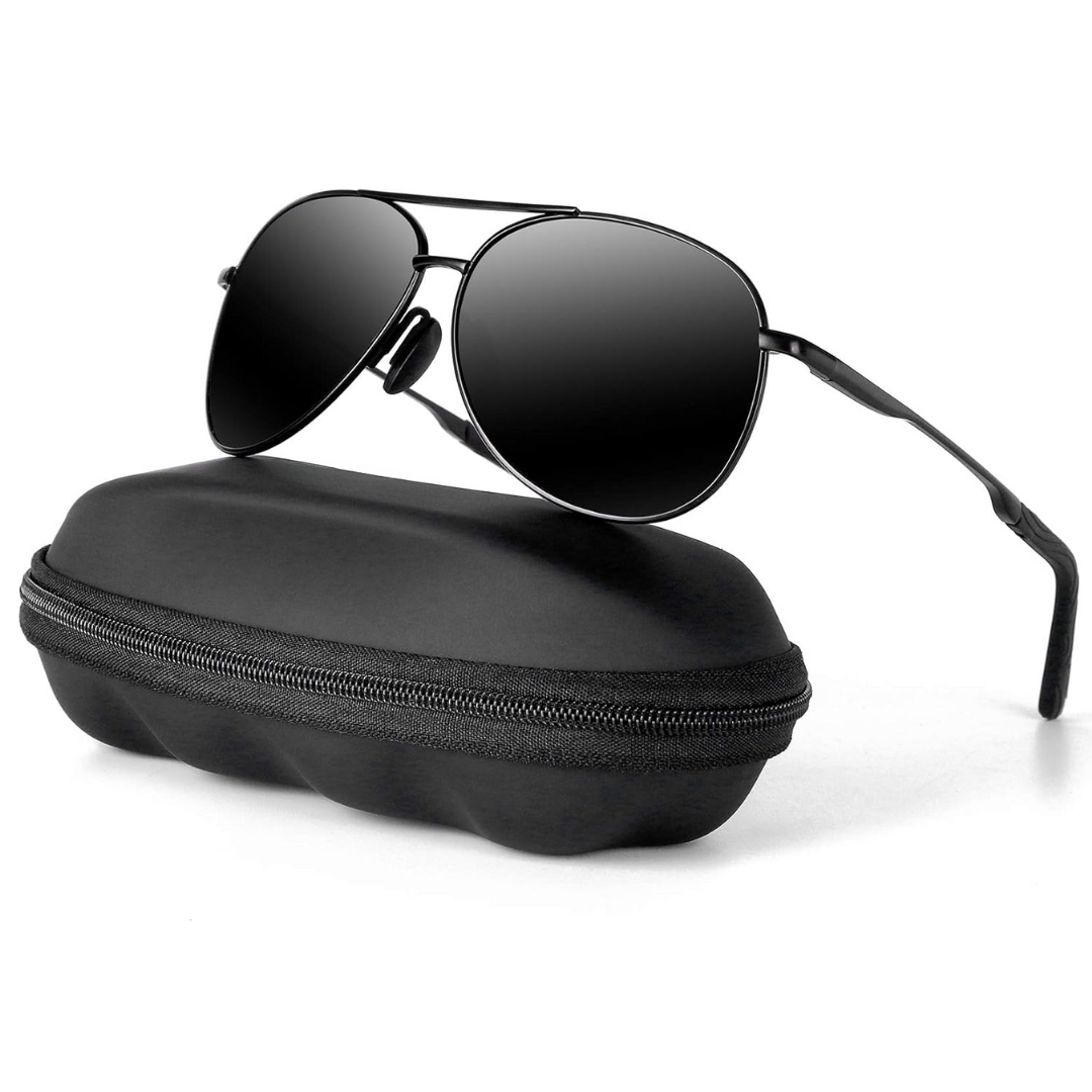 Polarized aviator sunglasses, black frame with black lens