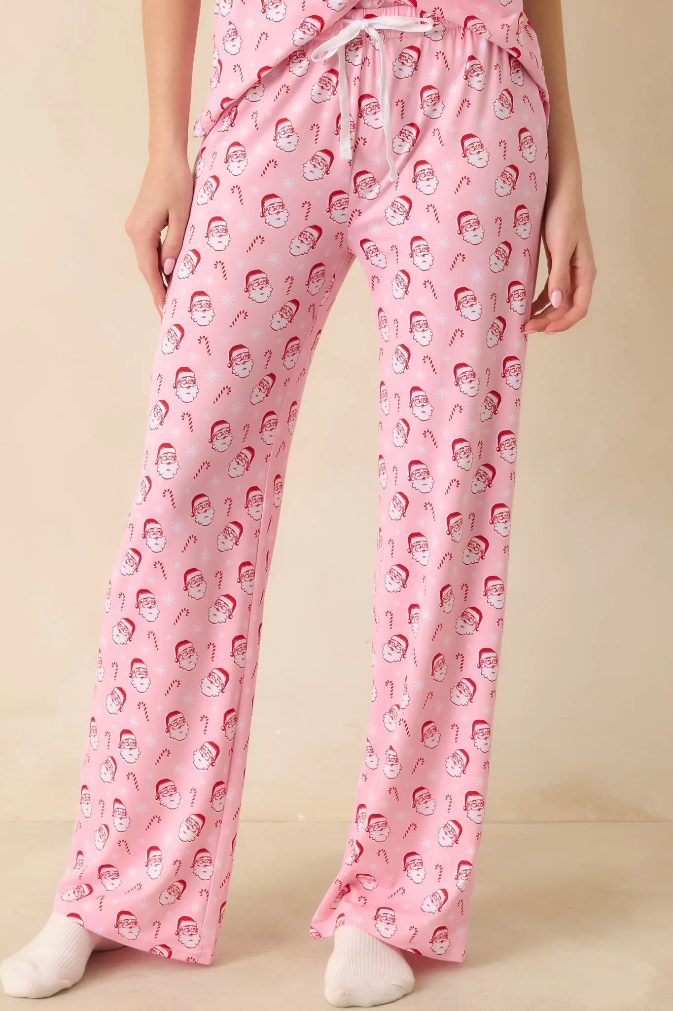 Women's Jolly Little Thing Light Pink Multi Santa Pajama Pants | 95% Polyester & 5% Spandex 0