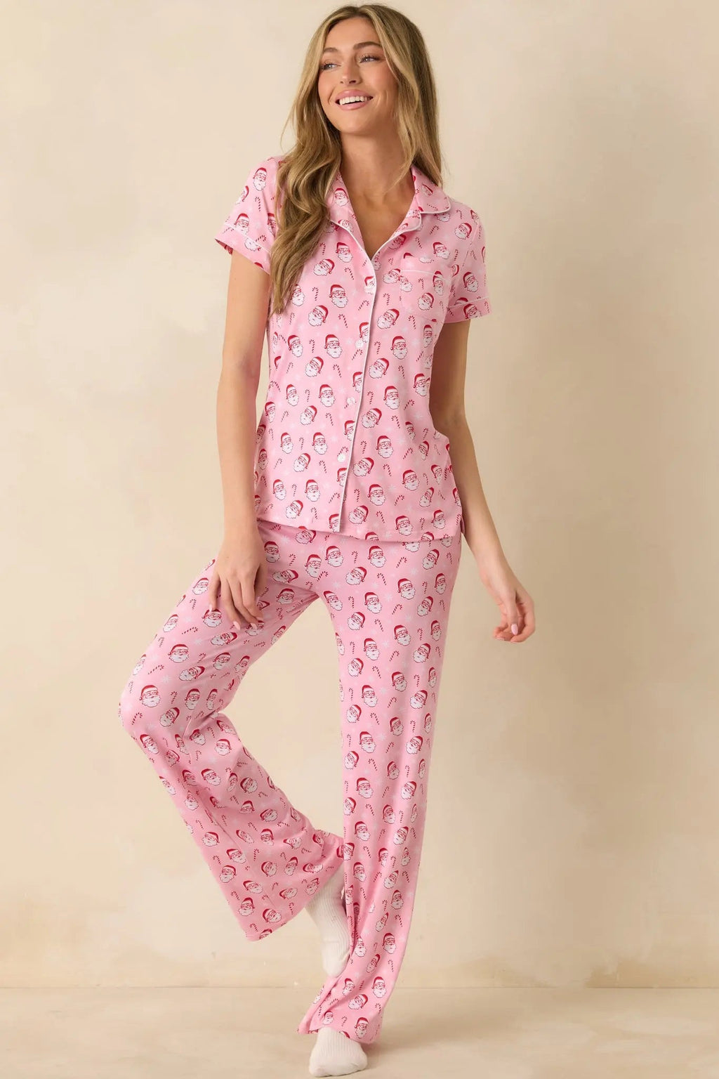 Women's Jolly Little Thing Light Pink Multi Santa Pajama Pants | 95% Polyester & 5% Spandex 1