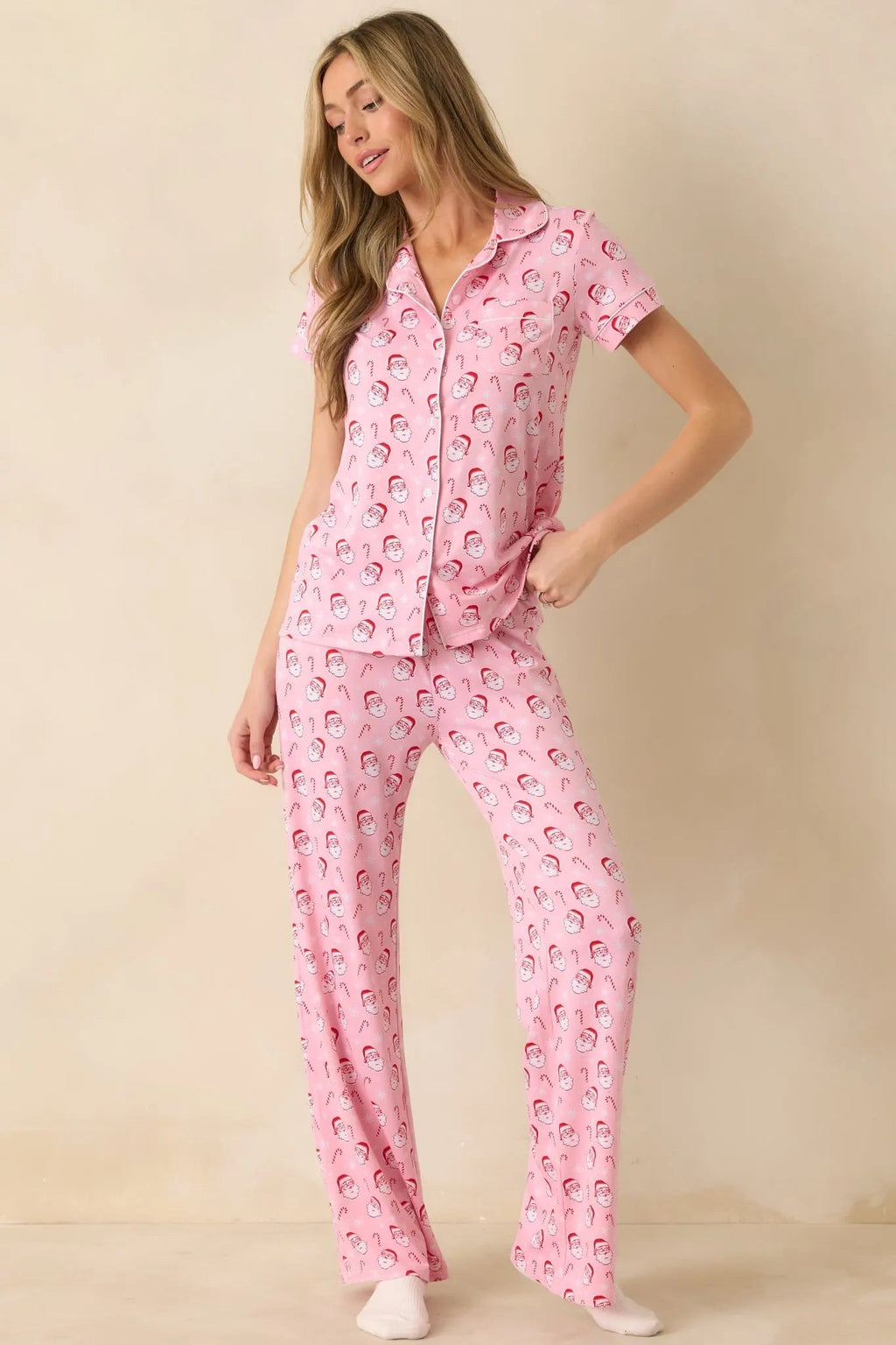 Women's Jolly Little Thing Light Pink Multi Santa Pajama Pants | 95% Polyester & 5% Spandex 2