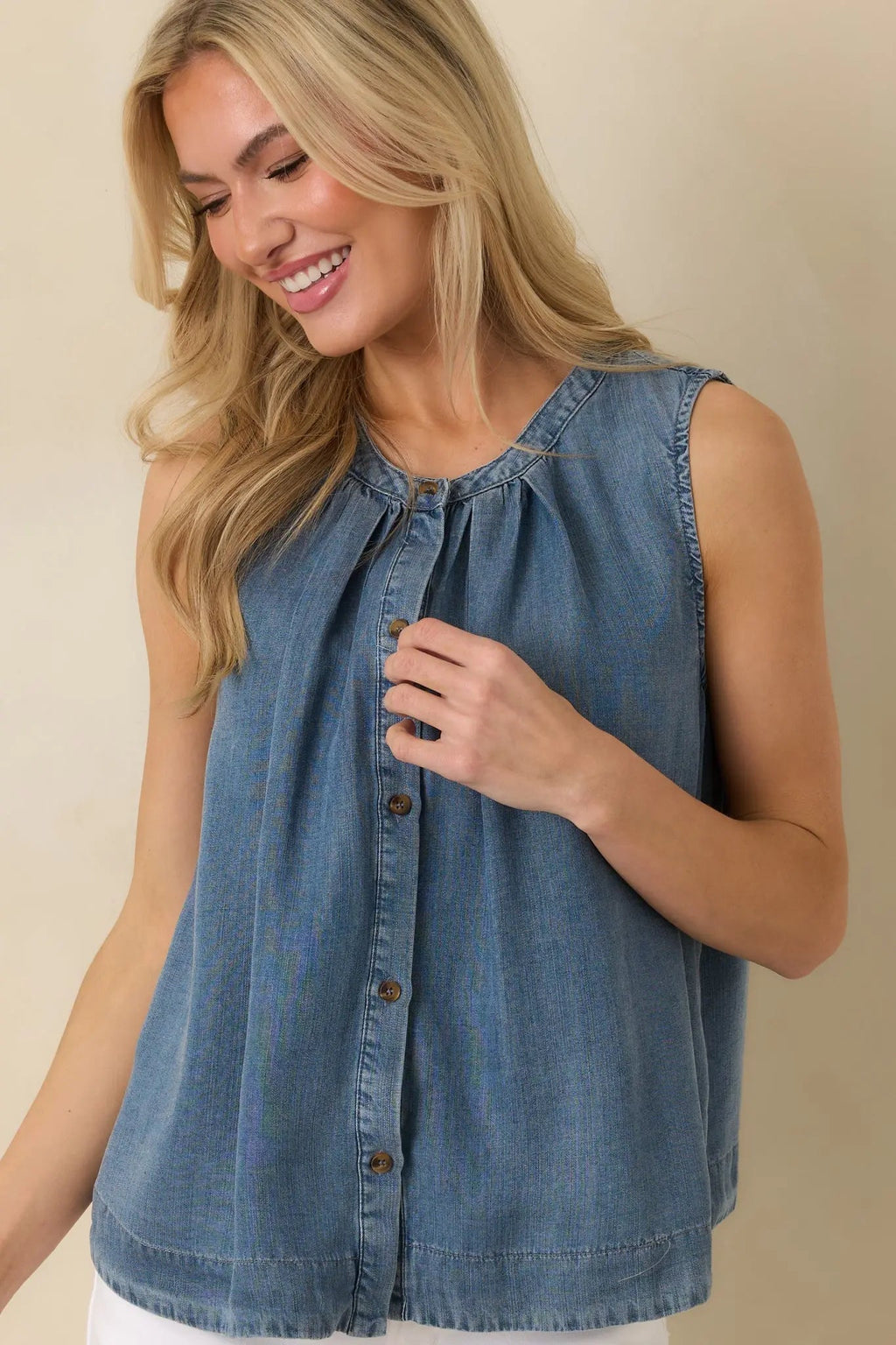 Women's Just Add Sun Denim Button Front Sleeveless Top | 100% Lyocell 1