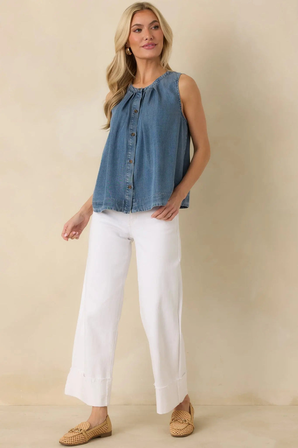 Women's Just Add Sun Denim Button Front Sleeveless Top | 100% Lyocell 3