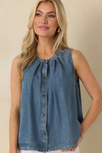 Women's Just Add Sun Denim Button Front Sleeveless Top | 100% Lyocell 5