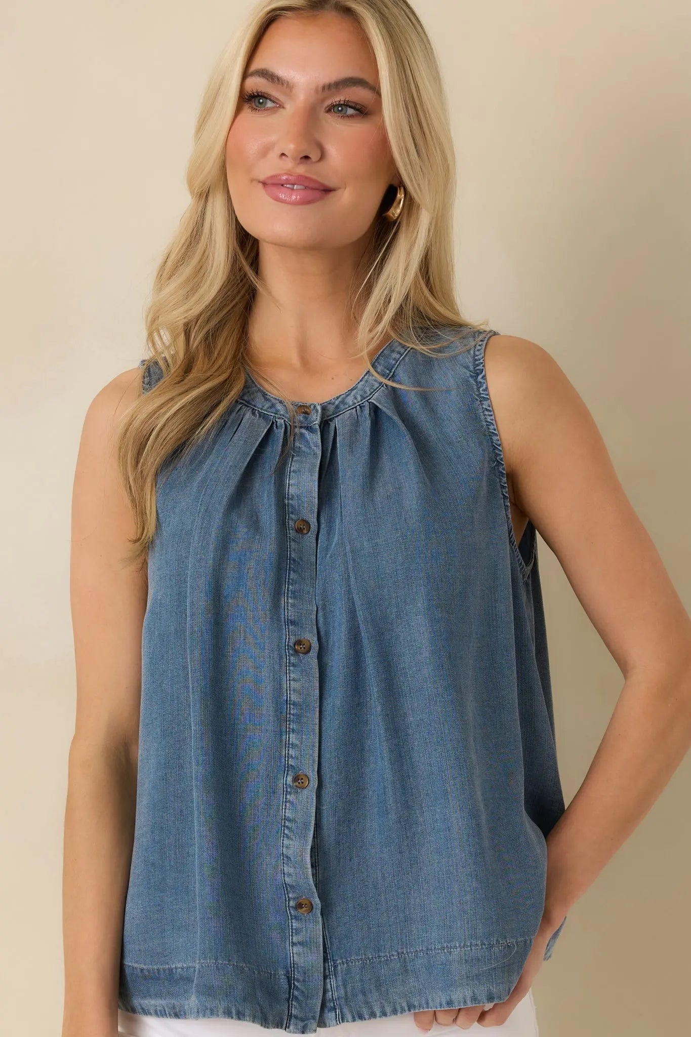 Women's Just Add Sun Denim Button Front Sleeveless Top | 100% Lyocell 5