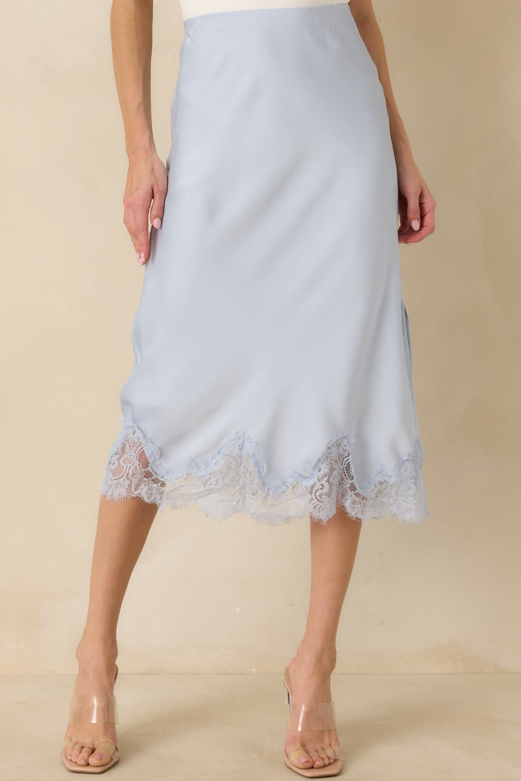 Women's Just Call Me Later Powder Blue Satin Lace Trim Midi Skirt | 100% Polyester 0